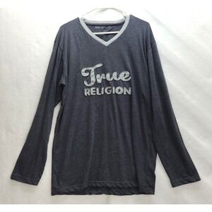 Mens True Religion 2X Long Sleeve T-Shirt Spellout‎ V-Neck